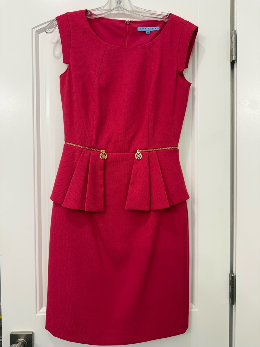 ANTONIO MELANI Hot Pink Peplum Sheath Dress with Gold Chain